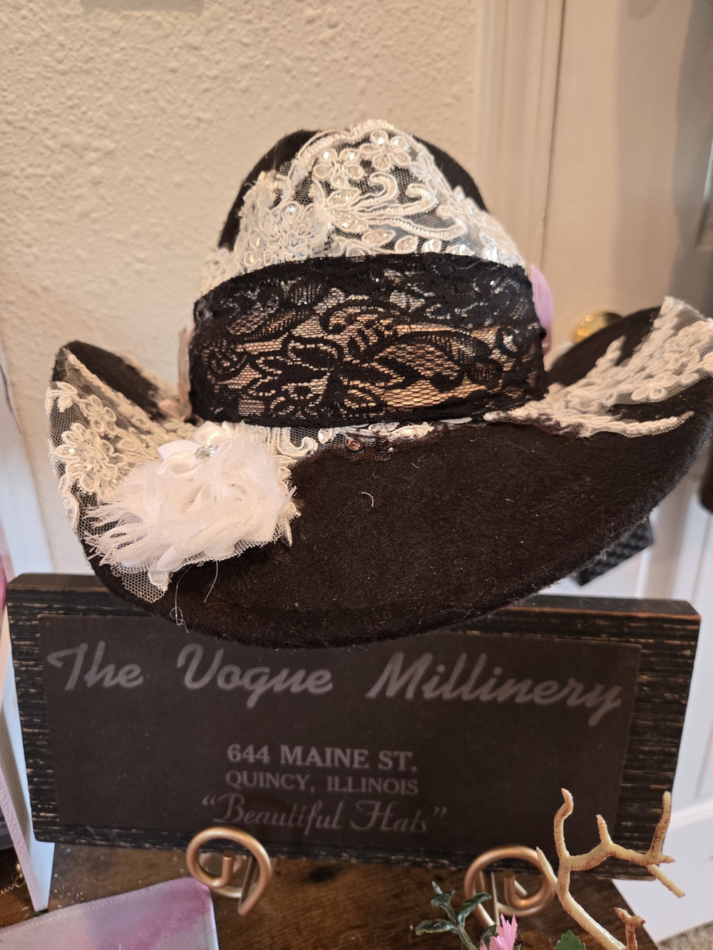 Black Lace Western Hat with White Trim